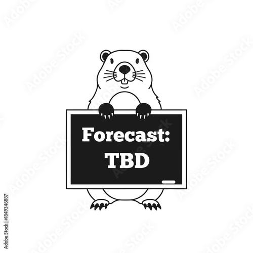 An otter holds a blackboard sign with Forecast: TBD written on it in white, standing upright with its front and back paws visible illustration