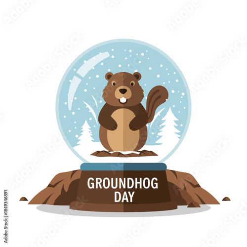 A cartoon beaver inside a snow globe on a rocky base, commemorating Groundhog Day with snowfall and evergreen trees in the background.