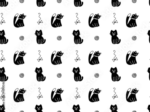 Hand drawn seamless pattern with black cats and toys. Cute pet vector background 