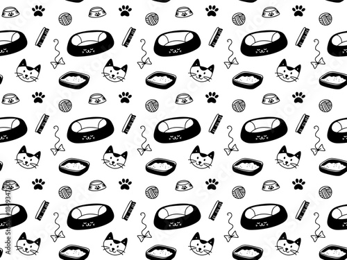 Hand drawn seamless pattern with cat care accessories. Pet supplies vector background 