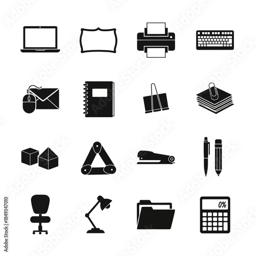 Black and white icons of various office supplies and equipment, including a laptop, printer, stapler, and calculator, representing common workplace items.
