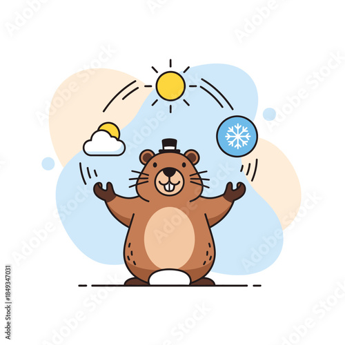 A cartoon beaver juggling weather elements, surrounded by sun, cloud, and snowflake, in a simple illustration style, f (64) style