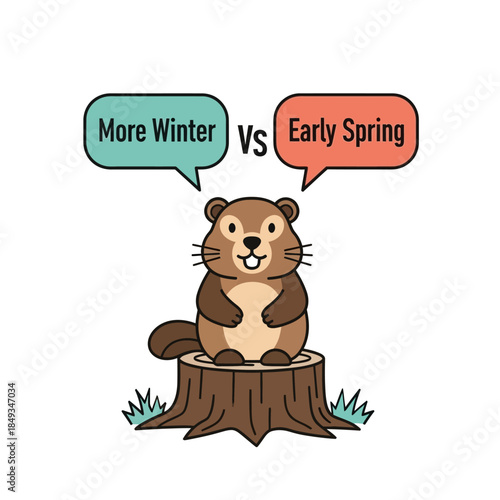 A cartoon beaver ponders whether to predict more winter or early spring while sitting on a tree stump, surrounded by grass, in a simple illustrative style.