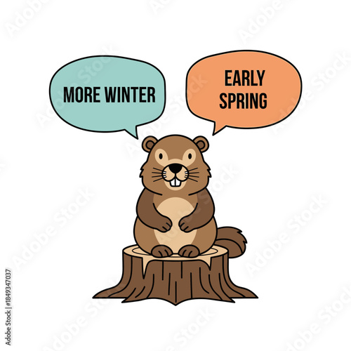 A cartoon beaver stands on a tree stump contemplating whether to predict more winter or early spring, surrounded by thought bubbles.