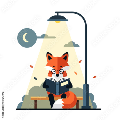 A bespectacled fox sits on a bench reading a book under a street lamp at night, surrounded by autumn leaves and a serene moonlit sky, f sixty-seven scene.