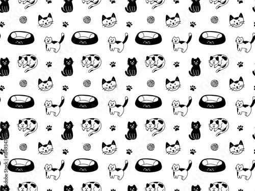 Title Hand drawn seamless pattern with cute cat characters. Black and white pet vector background 