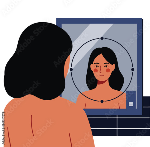 Stylized illustration of a woman with long hair calmly observing her reflection in a bathroom mirror.
