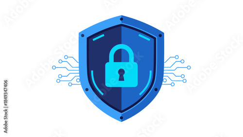 A blue themed flat vector illustration of a shield with a padlock and circuit lines symbolizing cyber security protection.