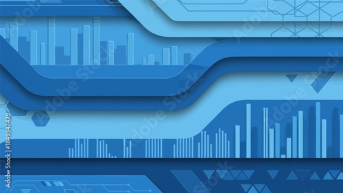 A futuristic abstract technology graphic illustration showcases various blue circuit board designs and bar charts.