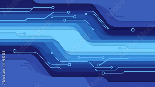 An abstract illustration depicts a futuristic circuit board design with various shades of blue and technology elements.
