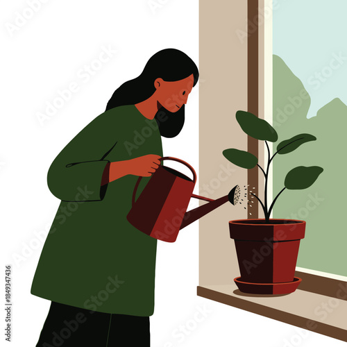 Woman watering indoor plant on windowsill with red watering can
