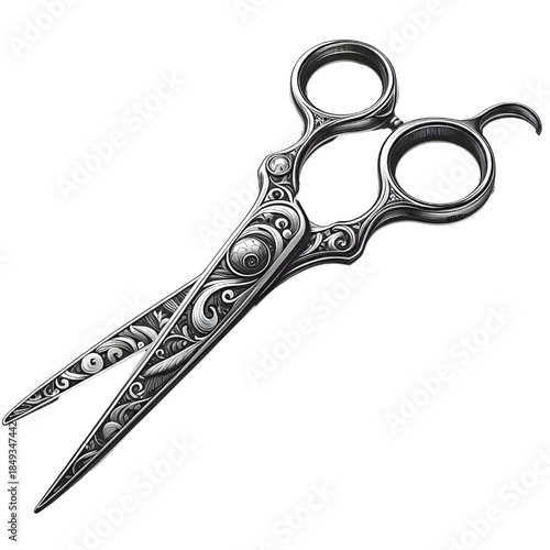 High-quality professional hairdressing scissors made of polished stainless steel, featuring sharp, precise blades and an elegant ergonomic design. Isolated on a white background, this realistic tool i