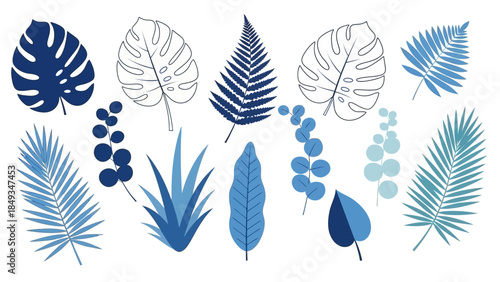 A minimalist illustration of various blue leaves and plants arranged on a white background in a flat vector style.