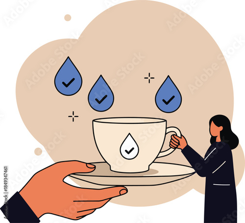 Woman holding cup with water checkmarks symbolizing hydration and purity
