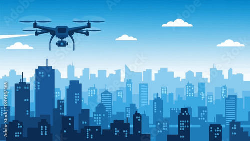 A drone flies over a futuristic cityscape with skyscrapers and clouds in a blue sky.