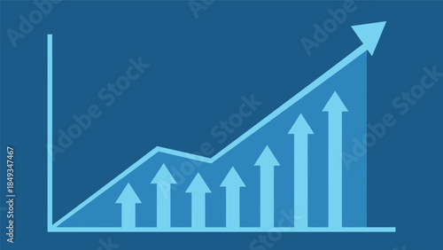 A blue themed flat vector graphic illustrates finance with an upward trend chart and arrows.
