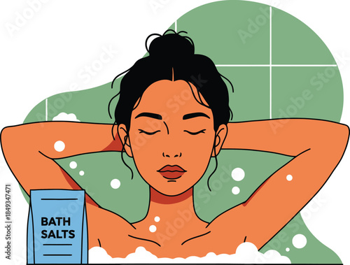 Vector of a woman reclining in a bubble-filled bathtub with bath salts nearby, symbolizing self-care and relaxation.
