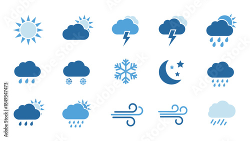 A blue themed flat vector weather illustration shows various cloud and sun icons with rain, snow, and wind symbols on a white background.