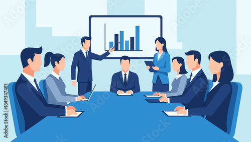 Business professionals gather around a conference table for a meeting presentation