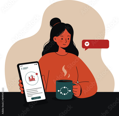 Vector of a woman holding a phone and coffee mug at a table, reviewing health data with stable vitals.
