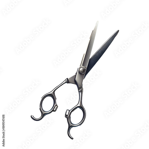 High-quality professional hairdressing scissors made of polished stainless steel, featuring sharp, precise blades and an elegant ergonomic design. Isolated on a white background, this realistic tool i
