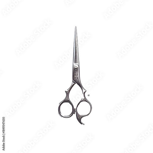 High-quality professional hairdressing scissors made of polished stainless steel, featuring sharp, precise blades and an elegant ergonomic design. Isolated on a white background, this realistic tool i