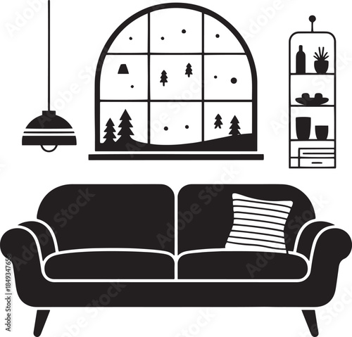 A contemporary vector interior design of a luxury modern living room featuring a comfortable sofa and armchair inside a stylish apartment home with elegant furniture and lounge seating
