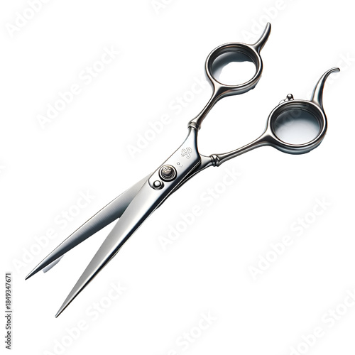 High-quality professional hairdressing scissors made of polished stainless steel, featuring sharp, precise blades and an elegant ergonomic design. Isolated on a white background, this realistic tool i