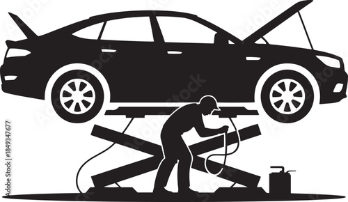 Mechanic Working Underneath a Car on a Scissor Lift automobile vehicle