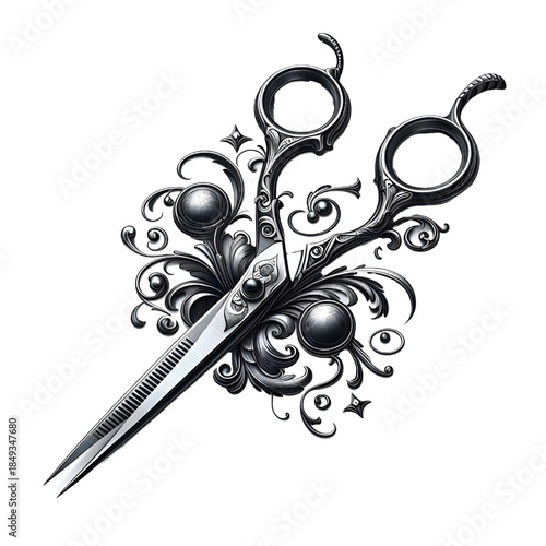 High-quality professional hairdressing scissors made of polished stainless steel, featuring sharp, precise blades and an elegant ergonomic design. Isolated on a white background, this realistic tool i