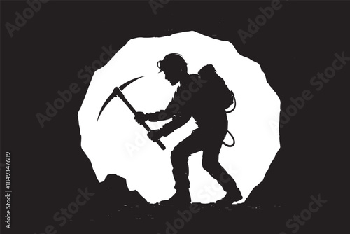 Miner Silhouette Inside Cave Holding Pickaxe Vector Illustration on Dark Background
