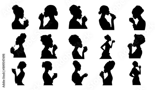 Collection of diverse black woman silhouettes enjoying various beverages with different hairstyles and poses