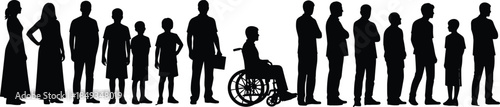 Black silhouette group of people standing in line queue including men, women, children, and disabled person in wheelchair on white.