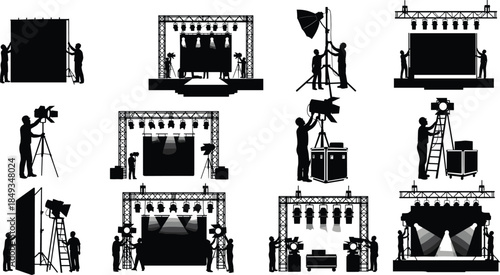 Black silhouette collection of stage crew setting up lighting equipment, truss, and screens for concert events, isolated on white background.