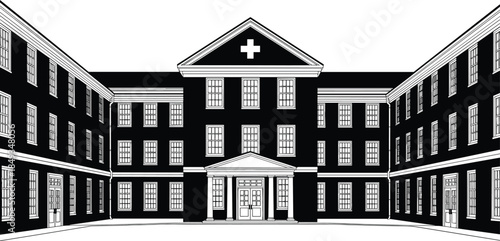 Black Silhouette of a Large Vintage Hospital or Institution Building with Classic Architecture, Representing Healthcare, Education, History, and Government Building Vector Graphic.