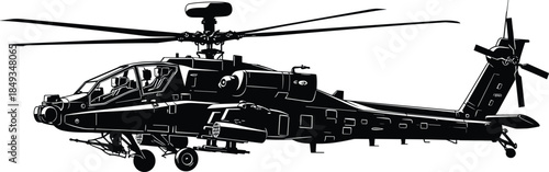 Black Silhouette of an Attack Helicopter, Representing Military Aviation, Air Combat, Defense, Warfare, Modern Weaponry, and Special Forces Operations Vector Illustration Graphic.