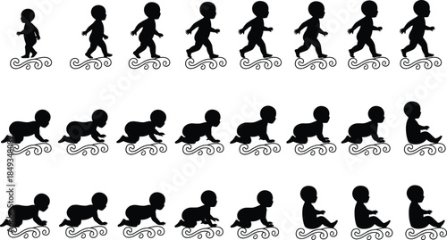 Black silhouette sequence of baby development stages including walking, crawling, and sitting for animation sprites, isolated on white background.