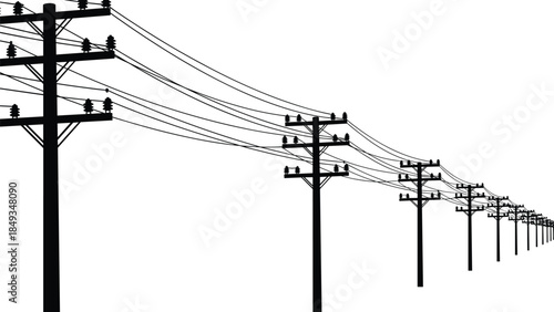 Black Silhouette of Telephone and Electric Utility Poles with Wires Stretching into the Distance, Illustrating Concepts of Power, Communication, Infrastructure, and Telecommunication Lines Vector.
