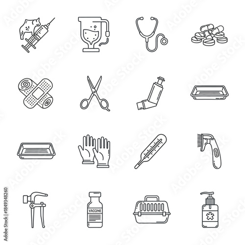 Medical icons set with various healthcare symbols and tools.