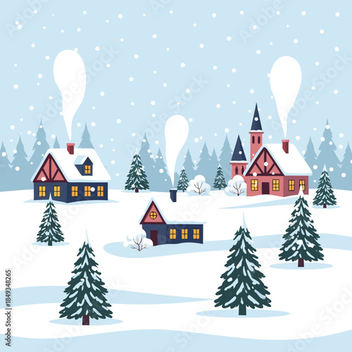 Cozy Winter Village Scene with Snowing and Smoke from Chimneys.