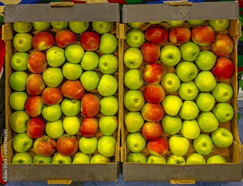 Fresh organic green and red apples in cardboard crates on market