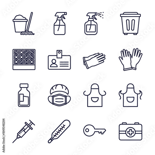 A collection of line icons depicting various cleaning supplies, personal protective equipment, medical tools, and household items.