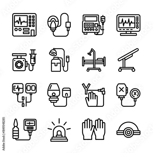 A comprehensive collection of line icons depicting various medical equipment and healthcare devices used in hospitals and clinics.