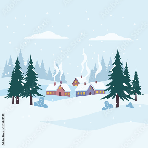 Cozy Winter Village Scene with Snowing Trees and Houses.
