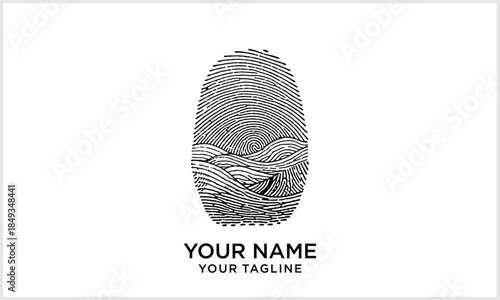 Fingerprint Nature Logo Vector - Unique Identity Landscape Waves  Boat Adventure Symbol logotype ico.