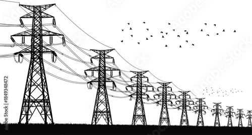 Black silhouette vector of high voltage electric transmission towers, power lines, and flying birds isolated on a white background.