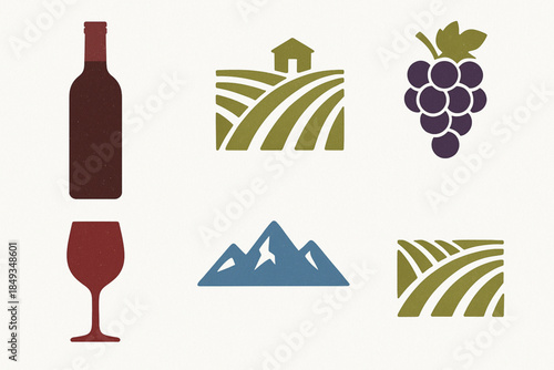 Argentine Wine Region Icon Set with Malbec, Vineyards and Andes in Flat Vector