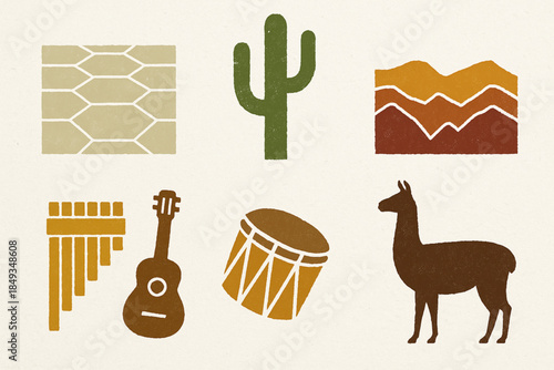 Northern Argentina Icon Set with Salinas Grandes, Llama and Andean Culture in Flat Vector
