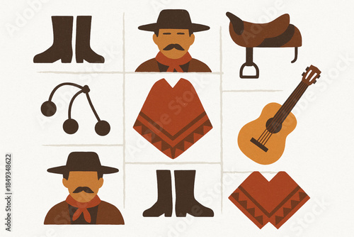 Gaucho and Argentine Folklore Icon Set with Poncho, Boots and Guitar in Flat Vector