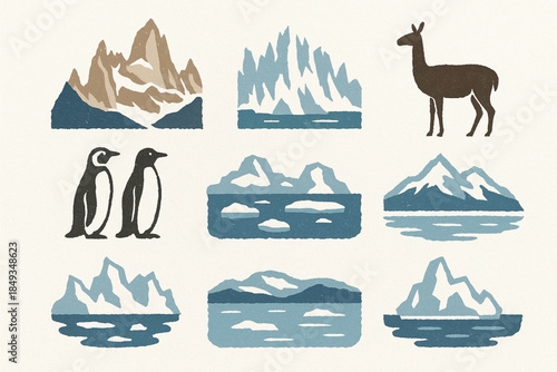 Patagonia Argentina Icon Set with Mountains, Glaciers and Wildlife in Flat Vector